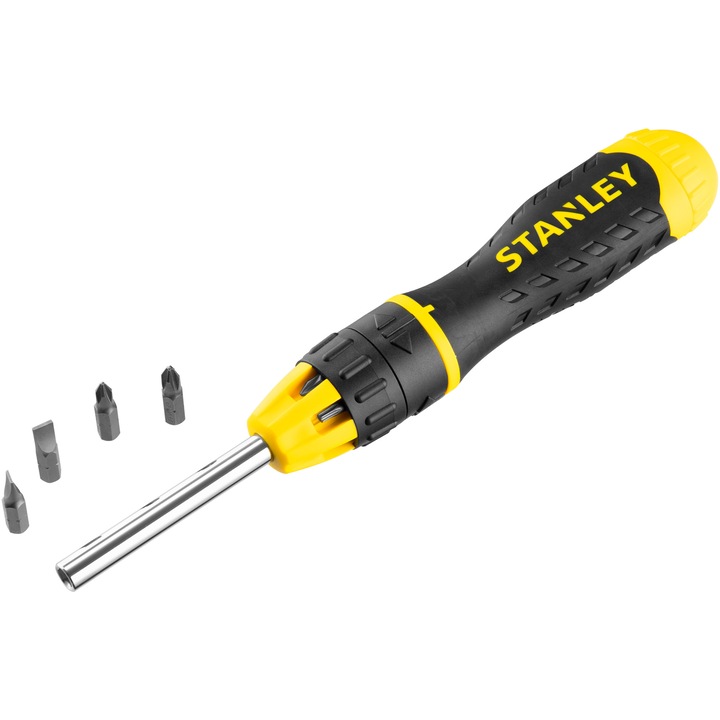 Магнитна отвертка с тресчотка и комплект накрайници Stanley 0-68-010, Магнитен държач за накрайници, осигуряващ безопасно съхранение и бърза смяна на принадлежностите, Пружинен сачмен механизъм за лесен достъп до накрайниците