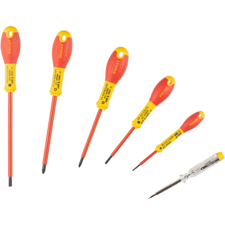 Set de surubelnite izolate pentru electricieni Stanley FatMax 0-65-443, 6 piese, protectie pana la 1000V, multicolor, manerul cu prindere moale ofera un cuplu excelent si confort, din otel