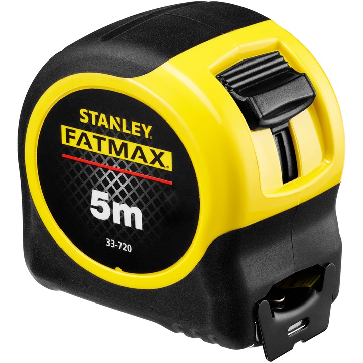 Ruleta 5 m Stanley FatMax 0-33-720, Bladearmor si acoperire Mylar, maner captusit, rezistenta la soc, reduce ruperea benzii cu 90%, lama rigida pana la 3.5m, clip de centura, carcasa cu elastomer pentru confort