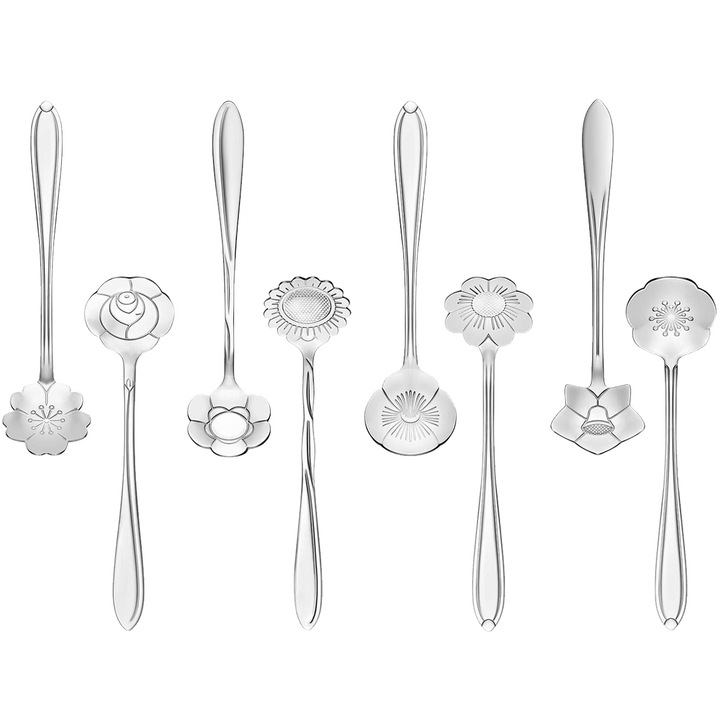 Set 8 linguri flori, inox, argintii, aur titanium, 12.5x2.8cm