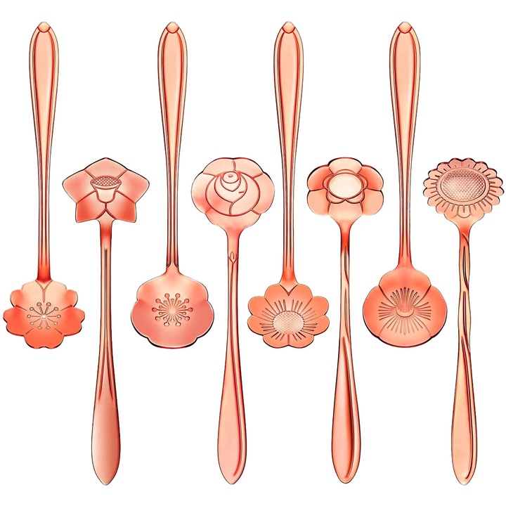 Set 8 linguri flori, inox, aur roz, 12.5x2.8cm