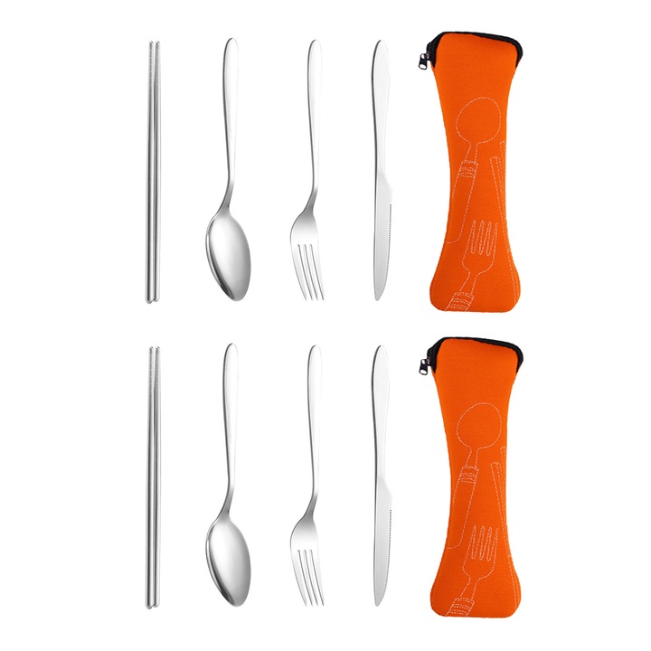Kit format din 2 seturi de tacamuri portabile QttvbTna, inox, argintiu/portocaliu, 4 bucati/ set, husa inclusa