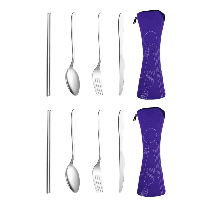 Kit format din 2 seturi tacamuri portabile QttvbTna, inox, argintiu/albastru, cu husa, 4 piese/set