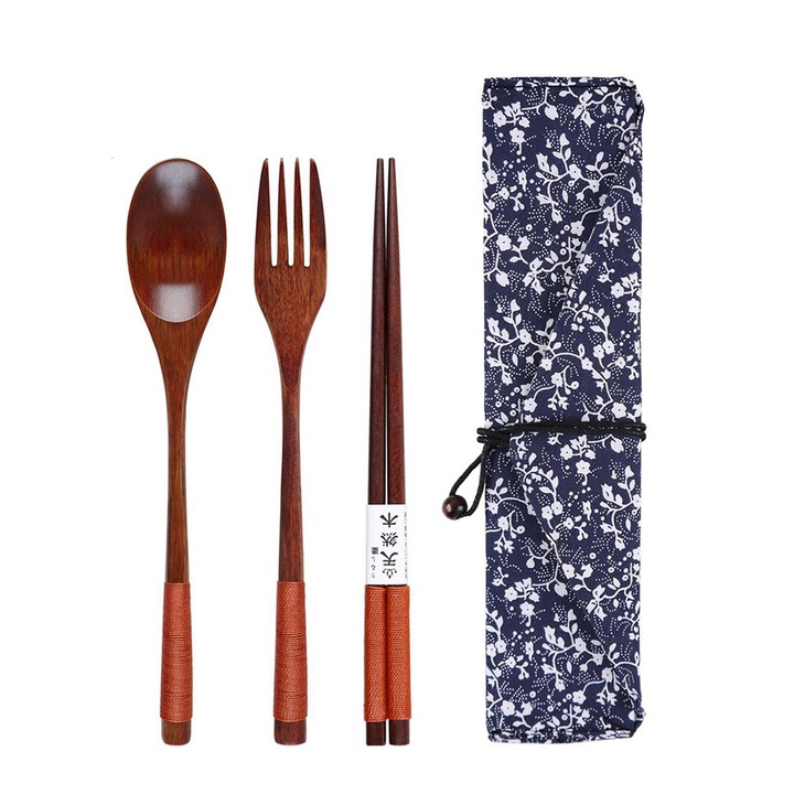 Set tacamuri din lemn, 1 pereche betisoare, 1 lingura, 1 furculita, multicolor, dimensiuni multiple