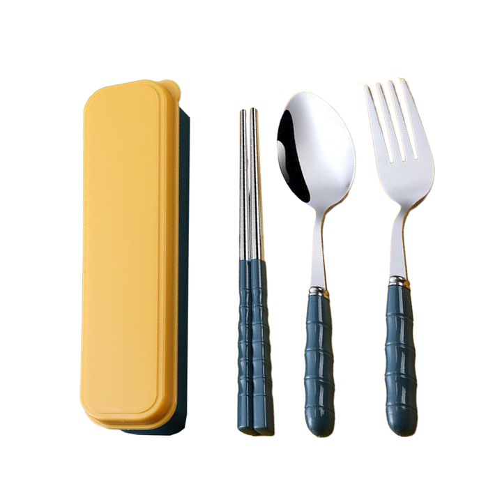 Jormftte utazó evőeszköz készlet, rozsdamentes acél, 1 pár evőpálcika, 1 kanál, 1 villa, 1 tok, többszínű, többféle méret