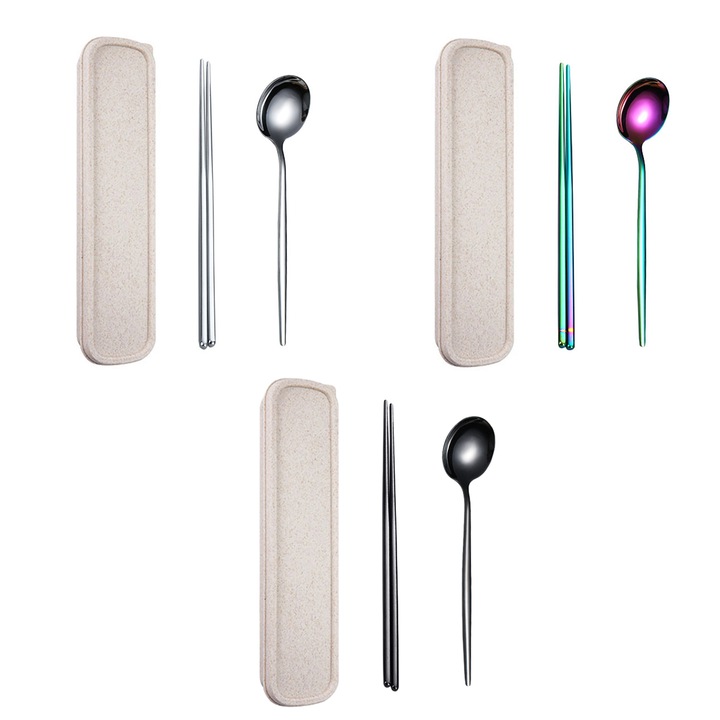 Kit format din 3 seturi tacamuri QttvbTna, inox, multicolor, 3 perechi betisoare/3 linguri/3 suporturi