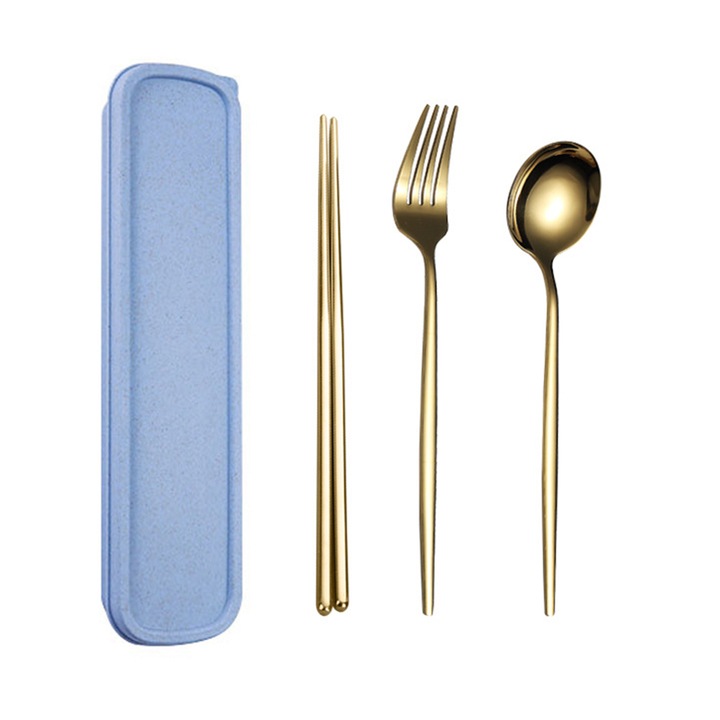 Set tacamuri portabile Herusi, furculita lingura betisoare, auriu, cu husa, camping