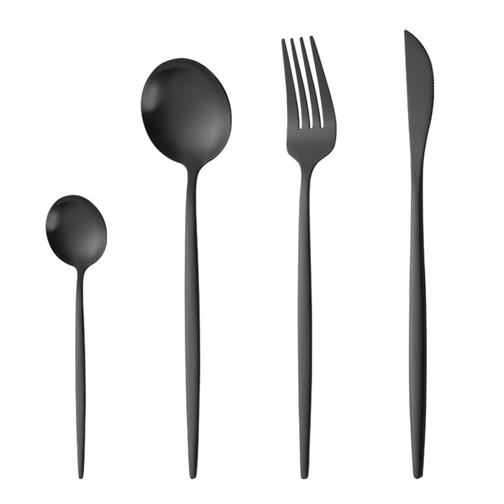 Set de tacamuri pentru 2, seturi de ustensile din otel inoxidabil, seturi de tacamuri, furculite, linguri si cutite pentru bucatarie acasa, negru