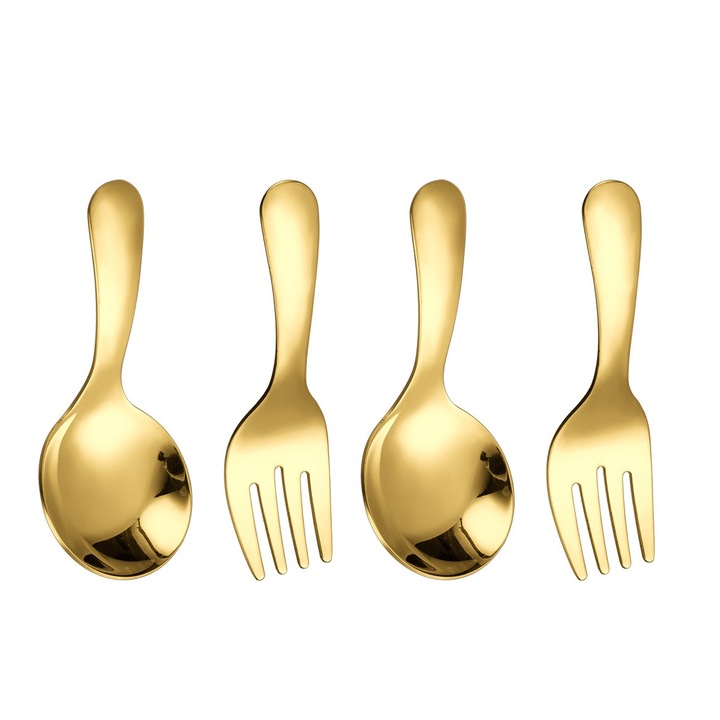 Set tacamuri din otel inoxidabil, 2 linguri si 2 furculite, auriu, dimensiuni multiple