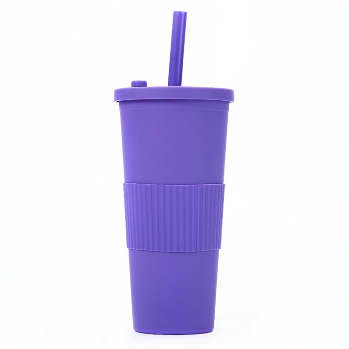 Pohár, QttvbTna, műanyag, fedél és szívószál, 710 ml, 10,3 x 6,9 x 20,5 cm, lila