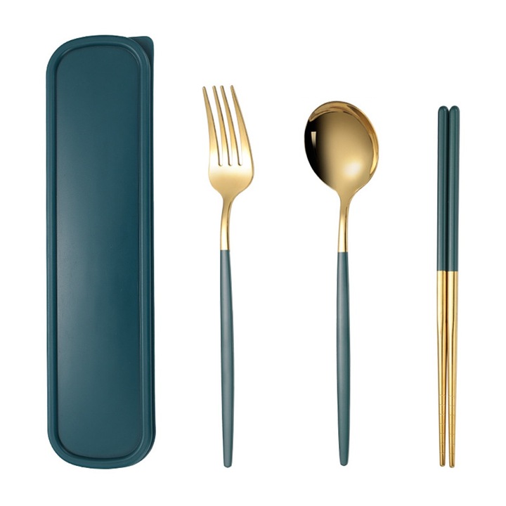 Set tacamuri calatorie, inox, rezistent la rugina, cu cutie portabila, albastru/auriu