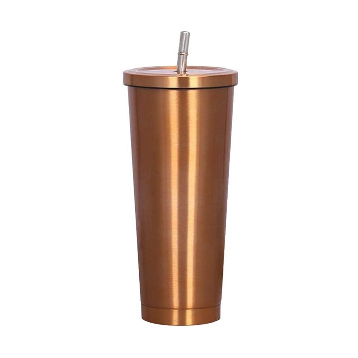 QttvbTna Üveg fedővel és szalmával, 750 ml, rozsdamentes acél, 7x10x21,5 cm, arany