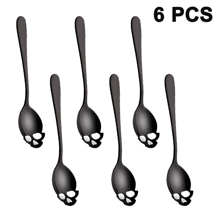 Set 6 Lingurite Cafea, Inox, Design Craniu, Negru