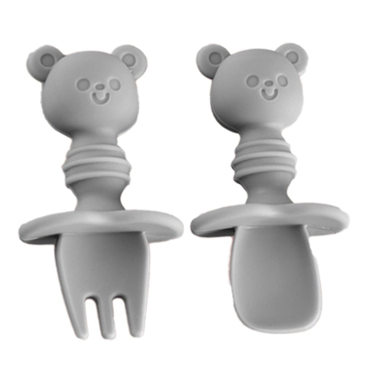 Set tacamuri pentru bebelusi QttvbTna, maner ursulet, silicon, cu bariera de siguranta, multicolor