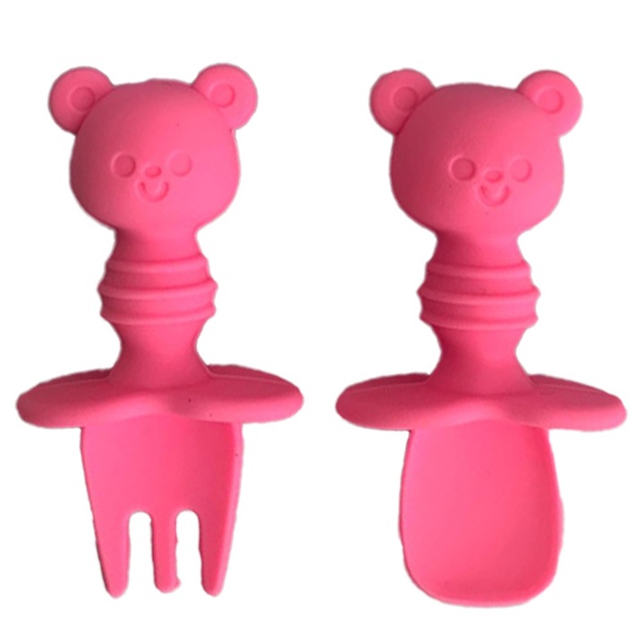 Set tacamuri pentru bebelusi QttvbTna, maner ursulet, silicon, cu bariera de siguranta, multicolor