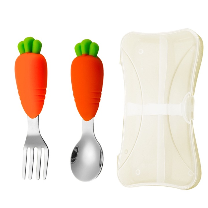 Jormftte, etetőeszköz készlet csecsemőknek, kanál és villa rozsdamentes acélból, lekerekített kialakítás, könnyen használható, többszínű