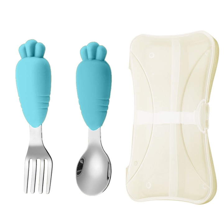 Jormftte bébi etetőkészlet, rozsdamentes acél kanál és villa, lekerekített dizájn, könnyen használható, kék