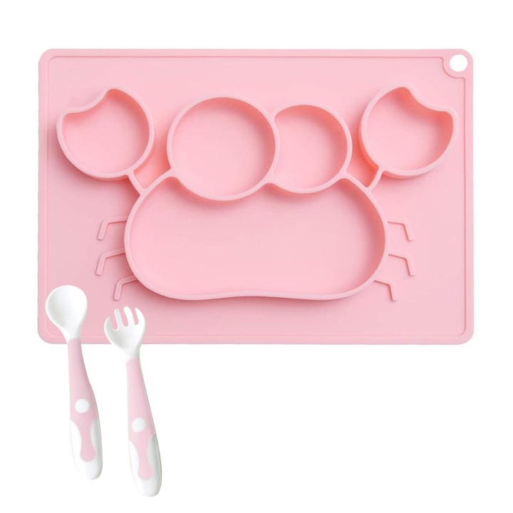 Jormftte baba etetőtálca, kanál és villa szettel, rák alakú, rózsaszín, 19.8x27.7cm