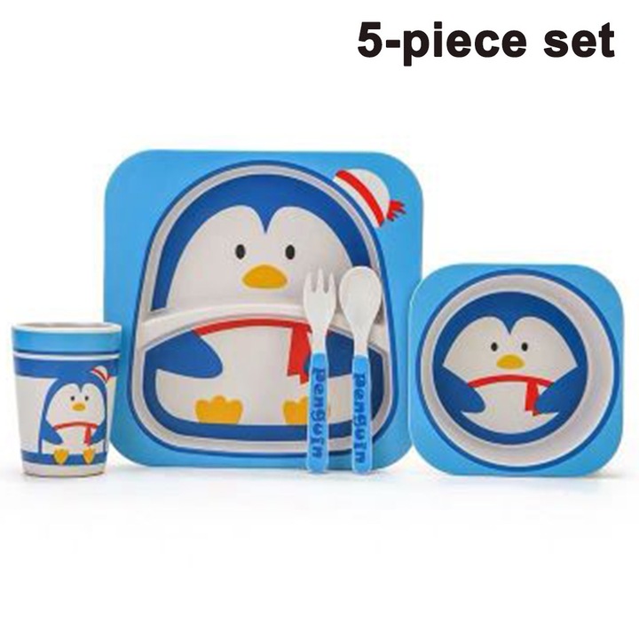 Jormftte vidám étkészlet gyerekeknek, 5 részes, állatfigurás design, bambusz, 21x21cm, 9.7x7cm, 14x14cm