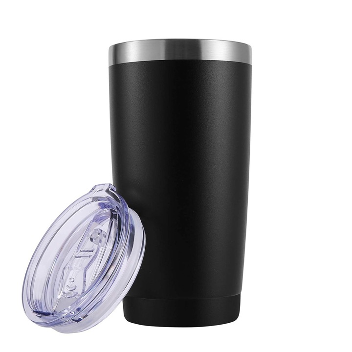 Set 2 Cani termoizolante, inox, capac transparent, 20oz, negru