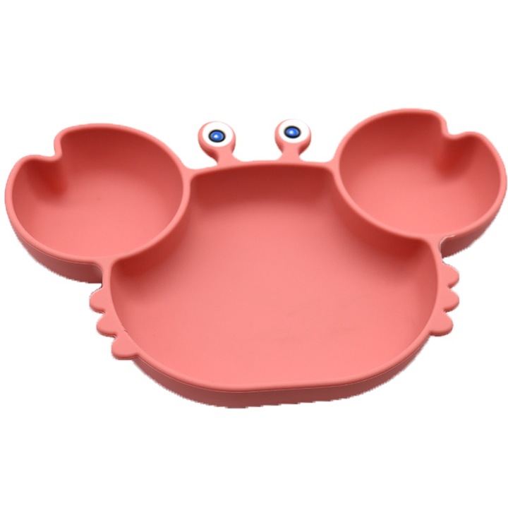 Jormftte szilikon tányér tapadókoronggal babáknak, rák forma, 3 rekeszes, könnyen tisztítható, rózsaszín