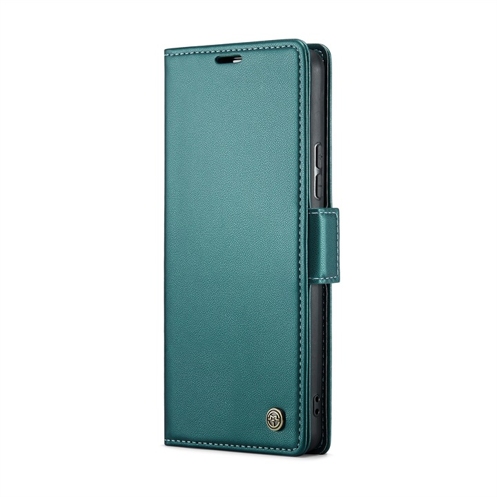 Калъф за Xiaomi Redmi Note 13 Pro 5G, CaseMe, slim кожен, тип портфейл, стойка, магнитно предпазно закопчване, мека текстура и захващане в ръката, RFID защита, Зелено