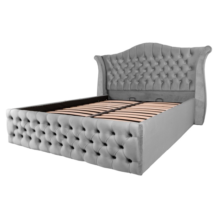 Pat dublu tapitat Houston 160/200 gri deschis, cu somiera metalica rabatabila si spatiu de depozitare