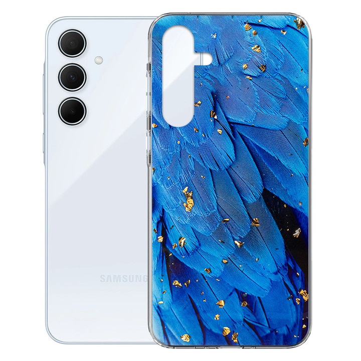 Husa de protectie compatibila cu Samsung Galaxy A54 5G, Glamour Deluxe, Accente stralucitoare, Design slim, Albastru/Auriu