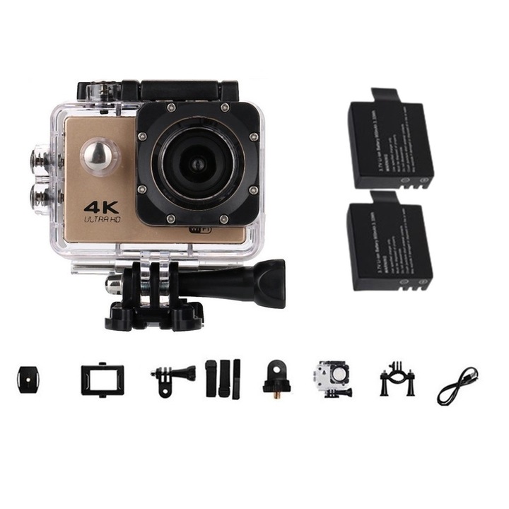 Camera video sport 1TECH GoPlus CamPro-2, Doua baterii, WIFI, 170 grade, HDMI, Accesorii, Golden