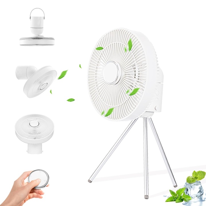 Ventilator portabil, Atron, 22 cm, 4000mAh, LED, Telecomanda, Trepied, 4 viteze