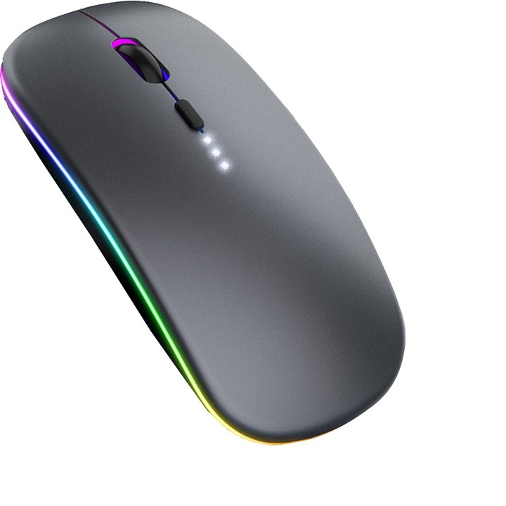 Vezeték nélküli egér, MTEVOTX Dual-Mode (2,4G és BT 5.2), újratölthető 500 mAh, állítható DPI 800/1200/1600, ergonomikus kialakítás RGB LED-del, néma gombok, akkumulátor töltöttségi szint kijelző, Plug and Play, metálszürke