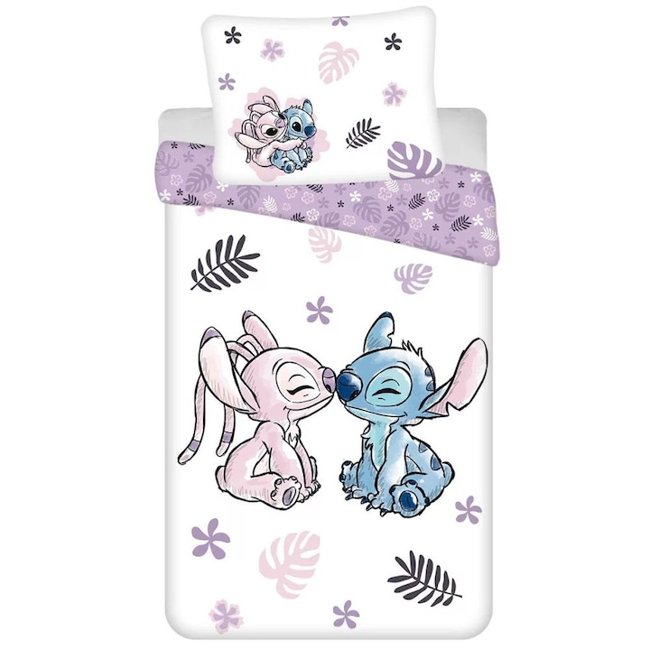 Set lenjerie de pat pentru copii Disney, Lilo si Stitch, 2 parti, 140x200 cm, 100% bumbac, Multicolor