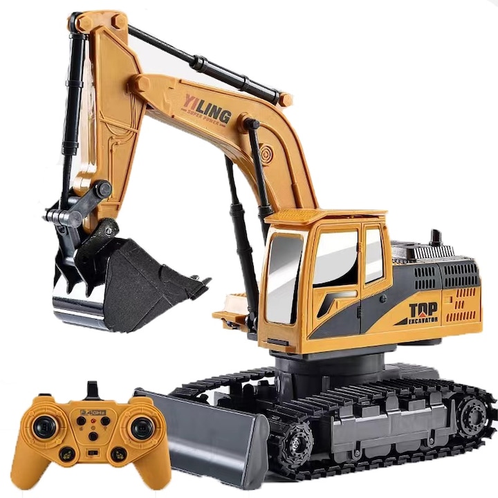 Excavator cu telecomanda, 1:20, 2,4 Ghz, sapa, miscare, inversare si intoarcere, echipamente de constructii, interior si exterior, negru/portocaliu