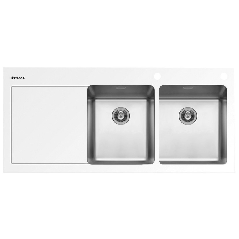 Chiuveta bucatarie Pyramis CRYSTALON, 1160x520mm, adancime 200mm, orientarea cuvelor pe dreapta, montare pe blat, sticla temperata alba & inox