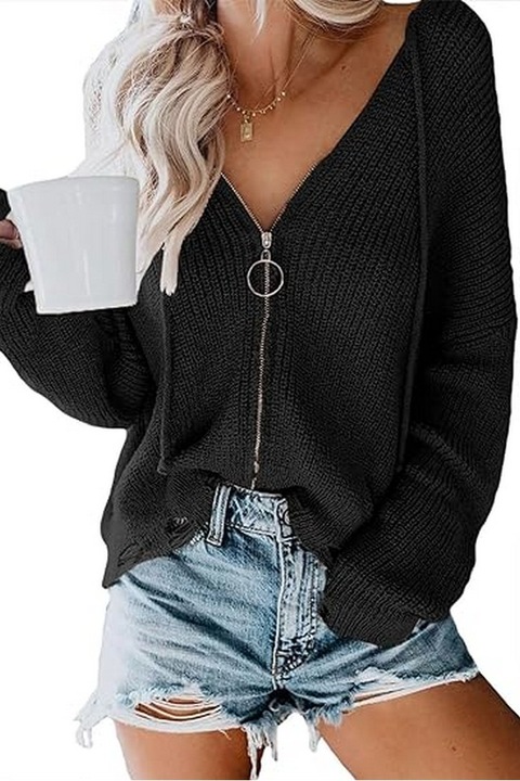 Дамски пуловер с цип, плетен, черен, Dokotoo, Черен