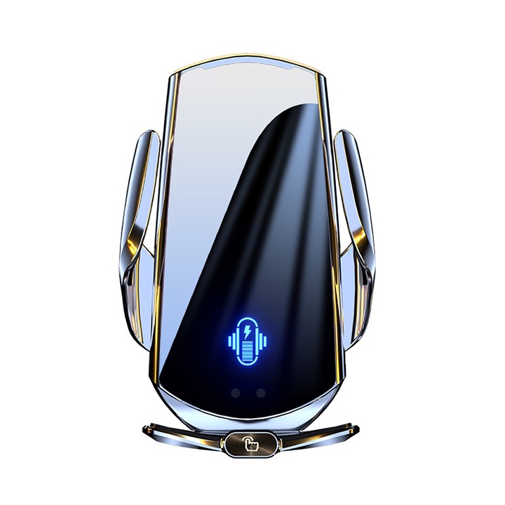 Autós vezeték nélküli töltőállvány 15 W mágneses interfész hőmérséklet-szabályozás csúszásgátló 360°-os forgás univerzális viasz ABS/üveg/szilikon ezüst