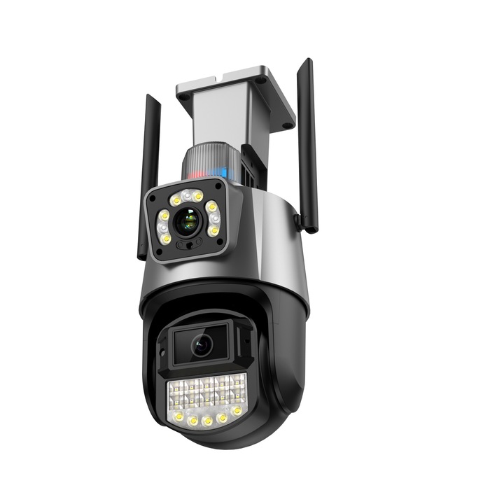 Reobix WIFI двойна камера за наблюдение, P15Q 64G Card/Cloud Storage Indoor/Outdoor, 8MP, Ultra High Definition, 4x Digital Zoom, Rotation, Human Detect Auto Tracking CCTV Wifi LED Light Camera, Bidirectional Communication, Alarm, White