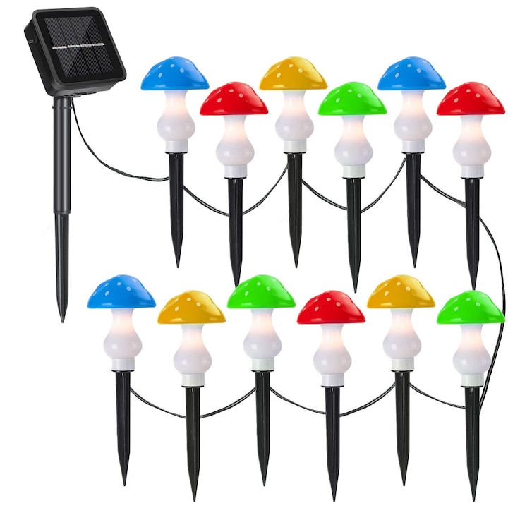 Set 12 lampi solare LED de exterior pentru gradina, Hggzeg, Model ciupercute, 8 moduri, IP66, Rezistente la Intemperii, Autonomie 10-12 ore, Rezistenta la apa, Usor de instalat, Lumina alba calda, Plastic, Multicolor