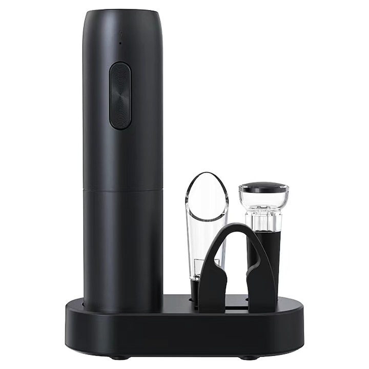 Комплект електрически тирбушон за вино, Luxeeo, с акумулаторна основа, аксесоар за рязане на фолио, аератор, запушалка с вакуумна помпа, едно докосване, автоматичен, черен