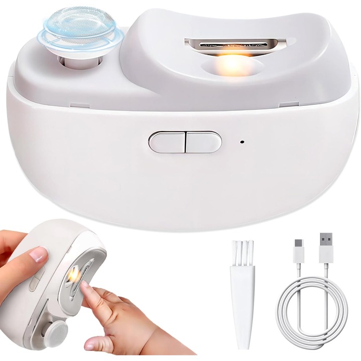 Unghiera electrica profesionala 2 in 1 de Taiat si Slefuit, Portabila, Manichiura, Lumina Led, Sigur, Silentioasa, USB-C, Alb