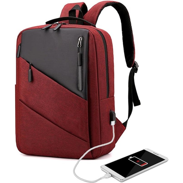 Rucsac reflectorizant pentru laptop, impermeabil, cu port de incarcare USB, unisex, 15.6 inch, rosu