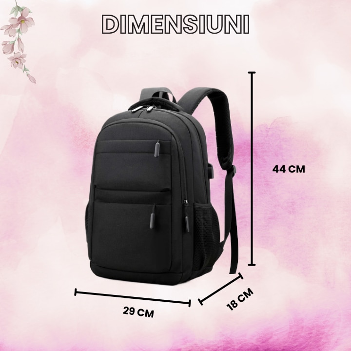 Ghiozdan multifunctional cu buzunare si spatiu pentru laptop, cu port de incarcare USB, rezistent la apa si la zgarieturi, unisex, pentru business si calatorii, 15.6 inch, negru
