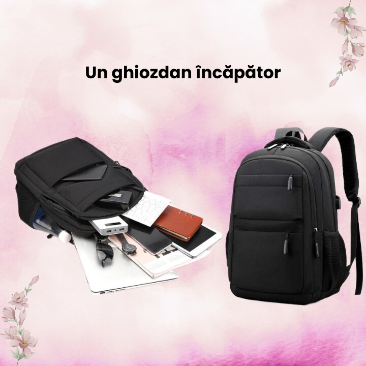 Ghiozdan multifunctional cu buzunare si spatiu pentru laptop, cu port de incarcare USB, rezistent la apa si la zgarieturi, unisex, pentru business si calatorii, 15.6 inch, negru