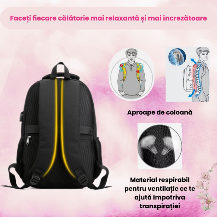 Ghiozdan multifunctional cu buzunare si spatiu pentru laptop, cu port de incarcare USB, rezistent la apa si la zgarieturi, unisex, pentru business si calatorii, 15.6 inch, negru