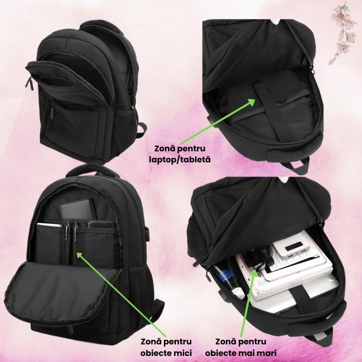 Ghiozdan multifunctional cu buzunare si spatiu pentru laptop, cu port de incarcare USB, rezistent la apa si la zgarieturi, unisex, pentru business si calatorii, 15.6 inch, negru