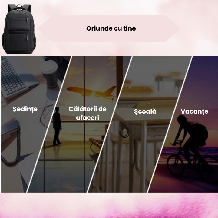 Ghiozdan multifunctional cu buzunare si spatiu pentru laptop, cu port de incarcare USB, rezistent la apa si la zgarieturi, unisex, pentru business si calatorii, 15.6 inch, negru