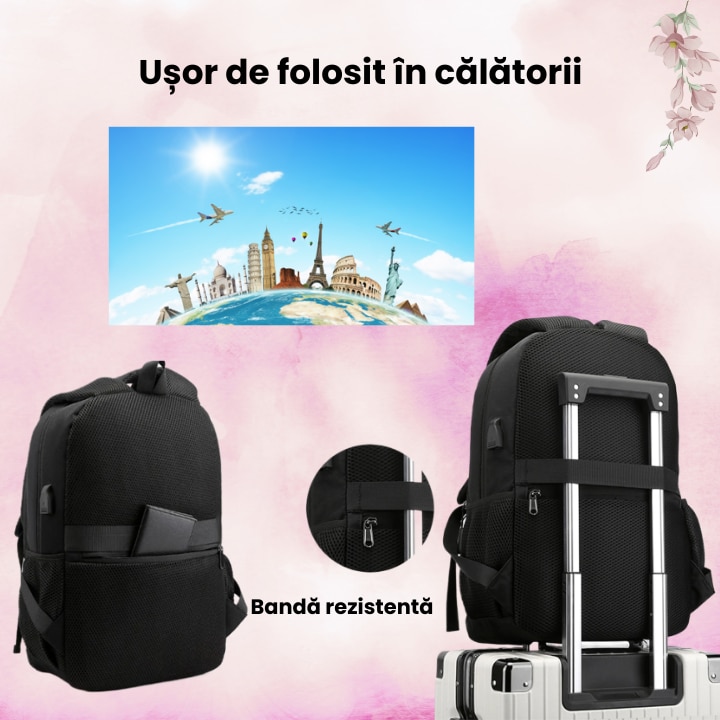 Ghiozdan multifunctional cu buzunare si spatiu pentru laptop, cu port de incarcare USB, rezistent la apa si la zgarieturi, unisex, pentru business si calatorii, 15.6 inch, negru