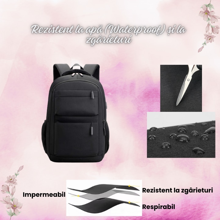 Ghiozdan multifunctional cu buzunare si spatiu pentru laptop, cu port de incarcare USB, rezistent la apa si la zgarieturi, unisex, pentru business si calatorii, 15.6 inch, negru