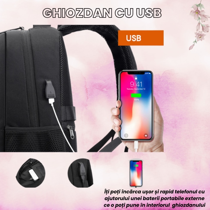 Ghiozdan multifunctional cu buzunare si spatiu pentru laptop, cu port de incarcare USB, rezistent la apa si la zgarieturi, unisex, pentru business si calatorii, 15.6 inch, negru