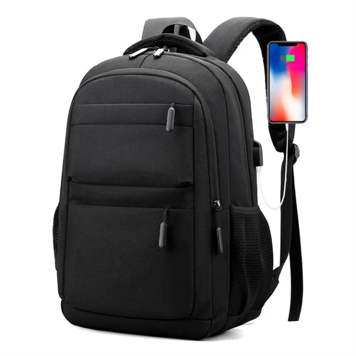 Ghiozdan multifunctional cu buzunare si spatiu pentru laptop, cu port de incarcare USB, rezistent la apa si la zgarieturi, unisex, pentru business si calatorii, 15.6 inch, negru